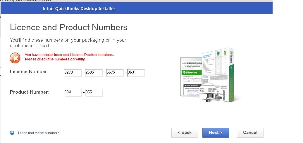QuickBooks Product code and license number - Screenshot