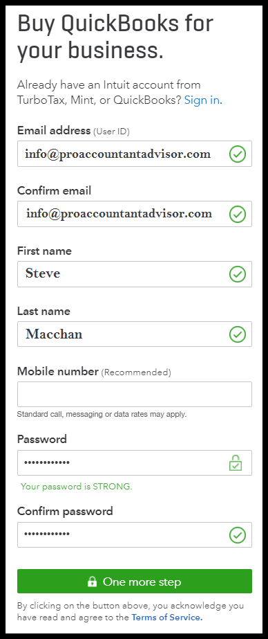 Create QuickBooks online account