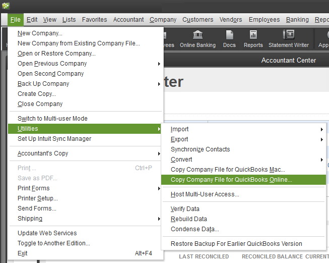 Save company file in QuickBooks online format - Move QuickBooks desktop to online