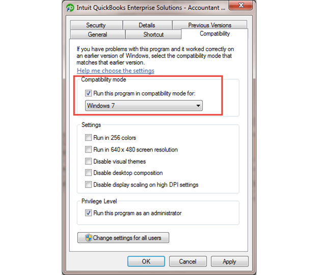 Run QuickBooks in compatibility mode