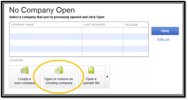 Open or Restore an existing company - Screenshot