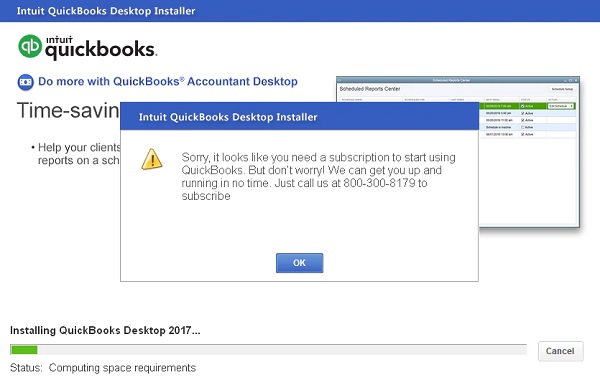 Subscription error in QuickBooks Desktop - Screenshot
