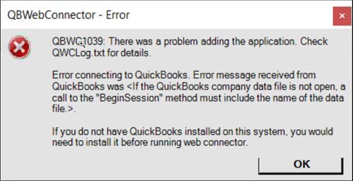 Error QBWC1039 appeared when the application does not have authorization to access the QuickBooks company data fill - Screenshot