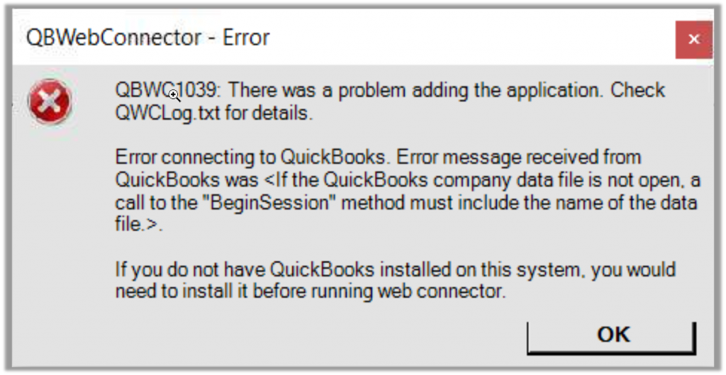 Error QBWC1039 in QuickBooks Desktop - Screenshot