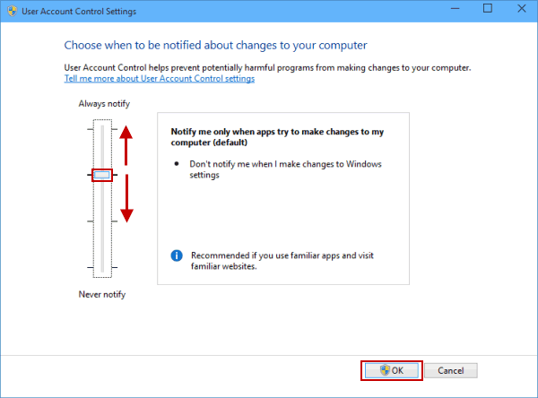 Toggle the UAC setting in Windows 10 - Error code 15102