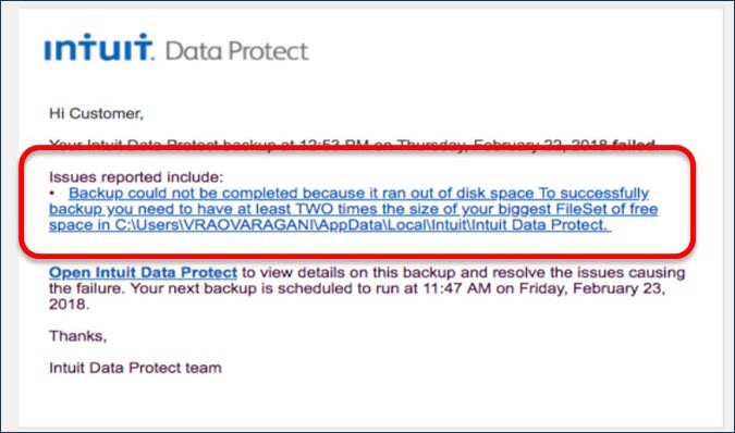 Can't Back up with Intuit Data Protect - Screenshot
