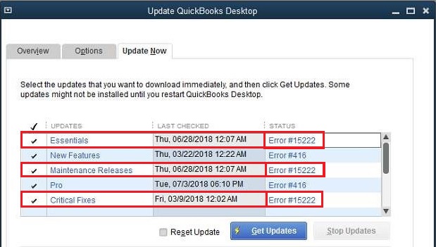 QuickBooks update errors - Screenshot