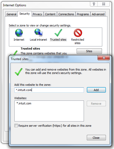 Adding Intuit as trusted site - QuickBooks error 2277