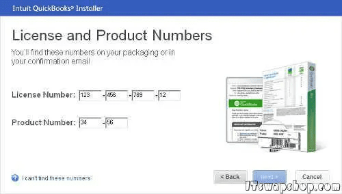 Enter QuickBooks Product number and License Number