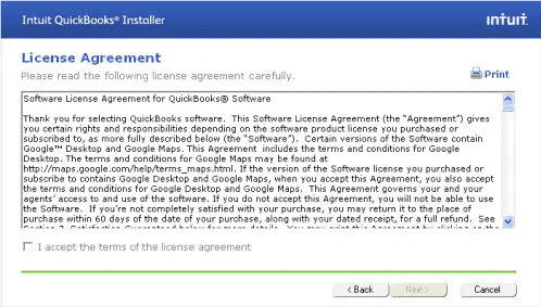 QuickBooks Installer License Agreement and privacy policies