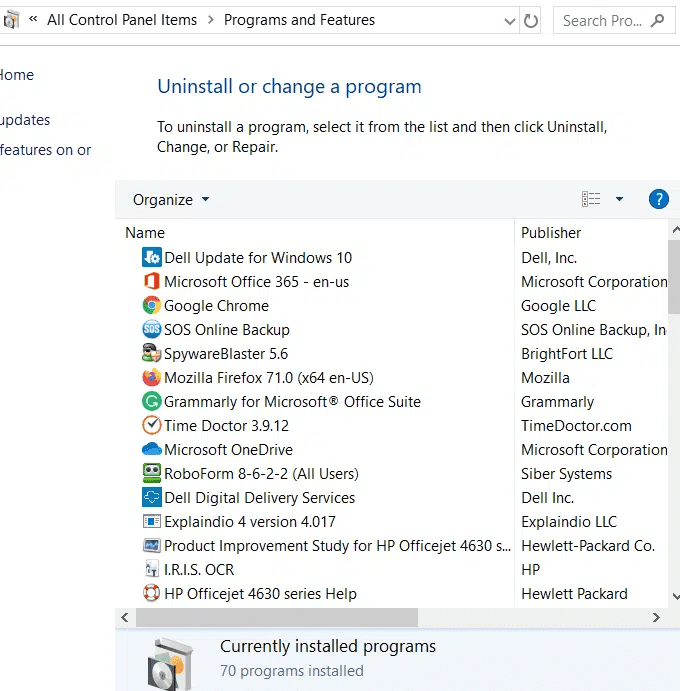 Uninstall or change a program that is not in use