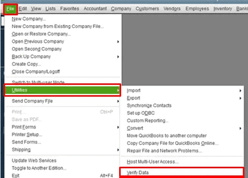 Verify Data utilities in QuickBooks