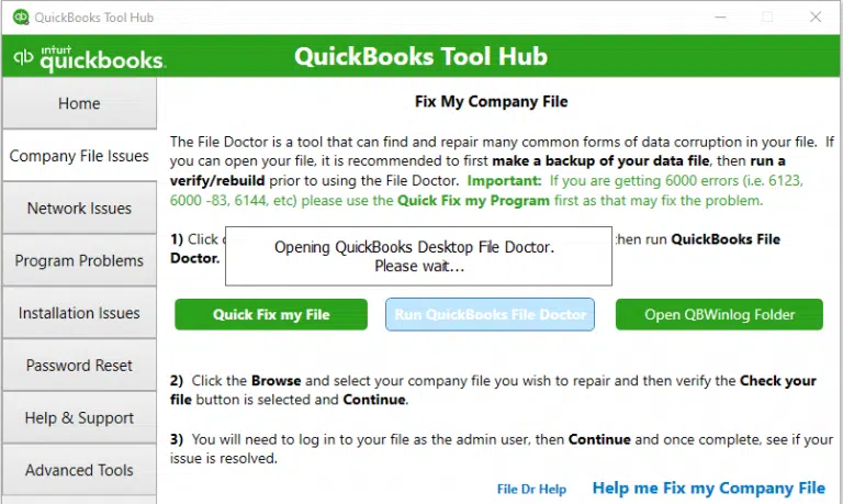 Using Tool Hub Program to repair QuickBooks desktop for Windows