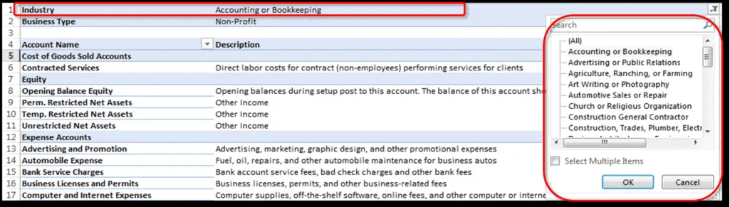 list of accounts in QB desktop