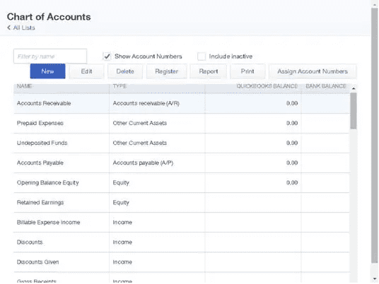 Chart of accounts in QuickBooks Online