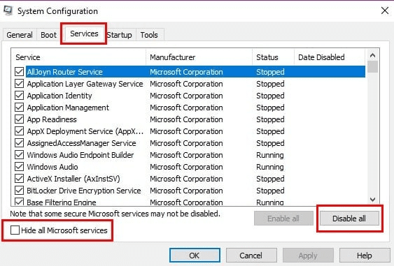 Hide all Microsoft services to solve QuickBooks error code 1402