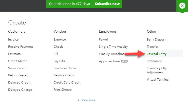 Journal entry option in QuickBooks