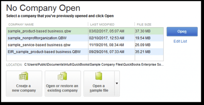 No company open window - QuickBooks company file 