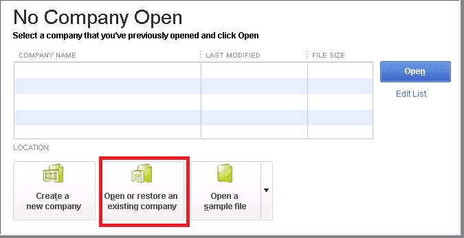 Open or restore company file 