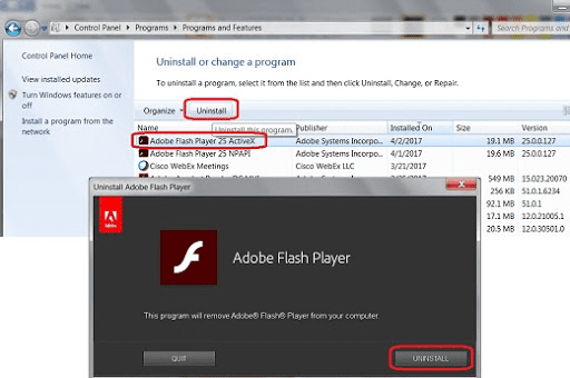 Uninstall Adobe Flash Player to fic QuickBooks error code 1402