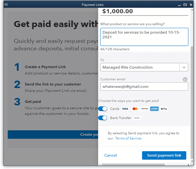Payments links for customer pre payments