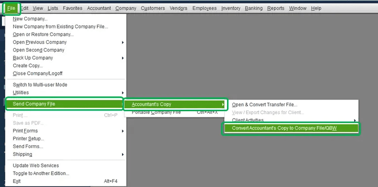 Convert accountants copy to company file QBW