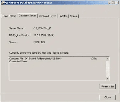 Database Server tab in database server manager