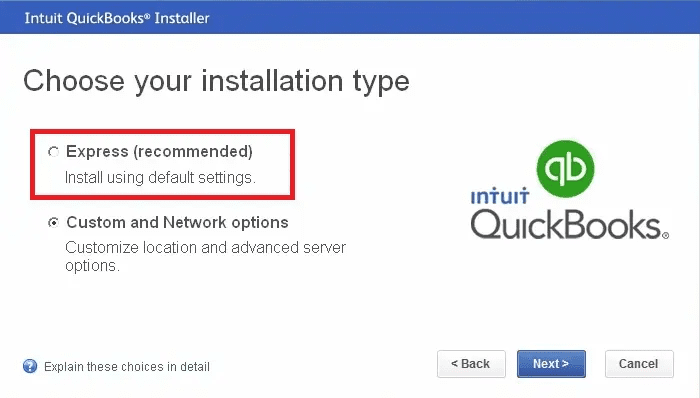 Express install in QuickBooks Desktop