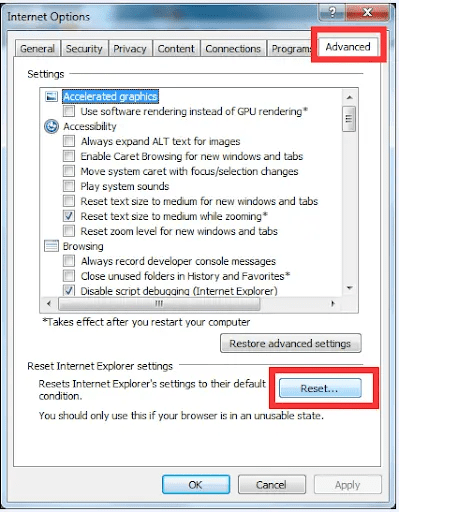 Reset or Restore defaults in IE - quickbooks error 12007