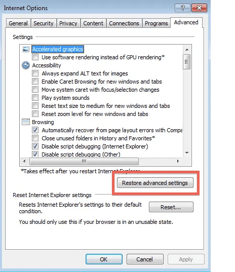 Restore advanced settings - quickbooks error 12007