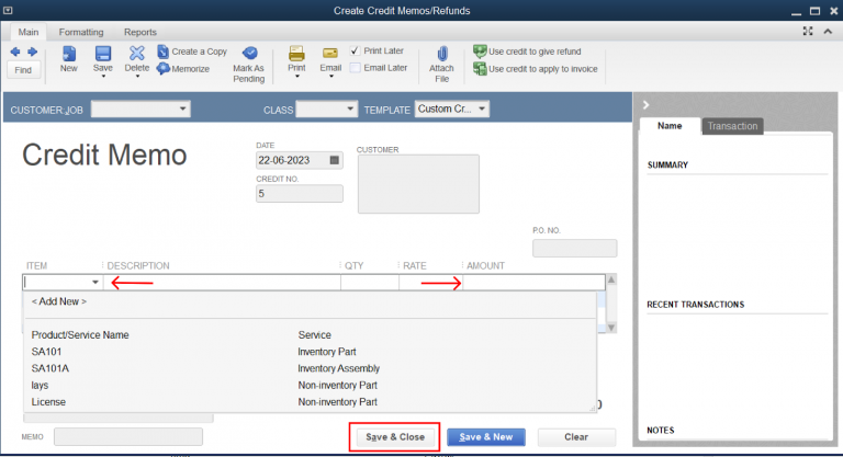 QuickBooks Credit Memo